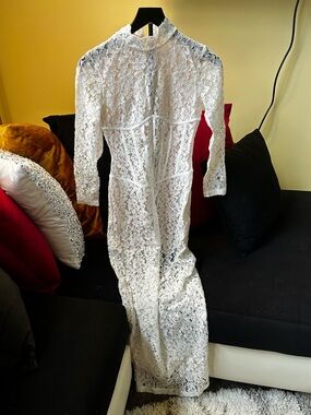 White Lace Maxi Dress with Long Sleeves